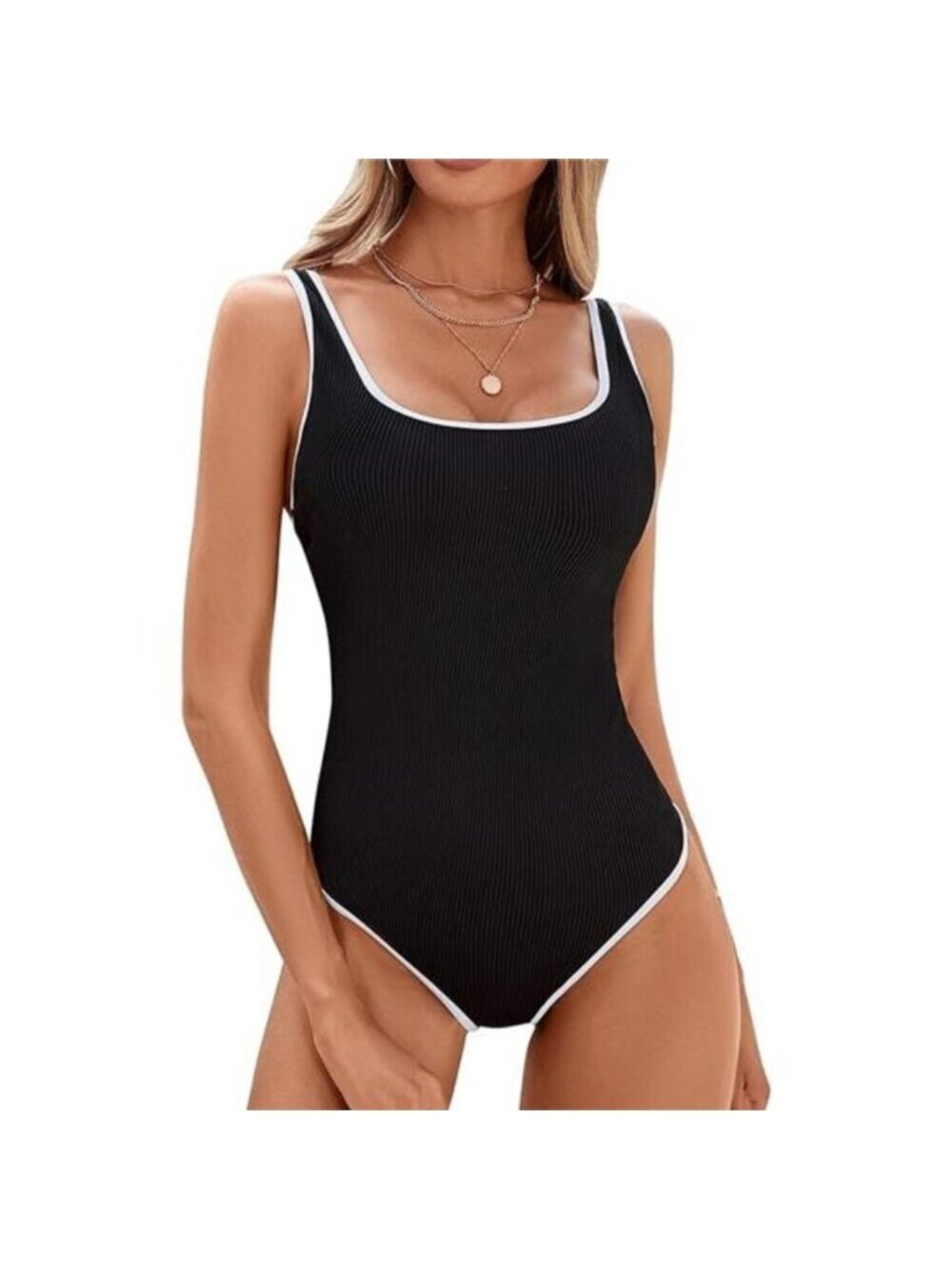 Women's One Piece Swimsuit Adjustable Strap Ribbed High Cut Bathing Suit, Black